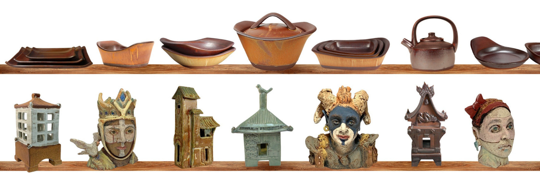 Collection of ceramic and wooden items including bowls, pots, a teapot, and small ceramic buildings on shelves.