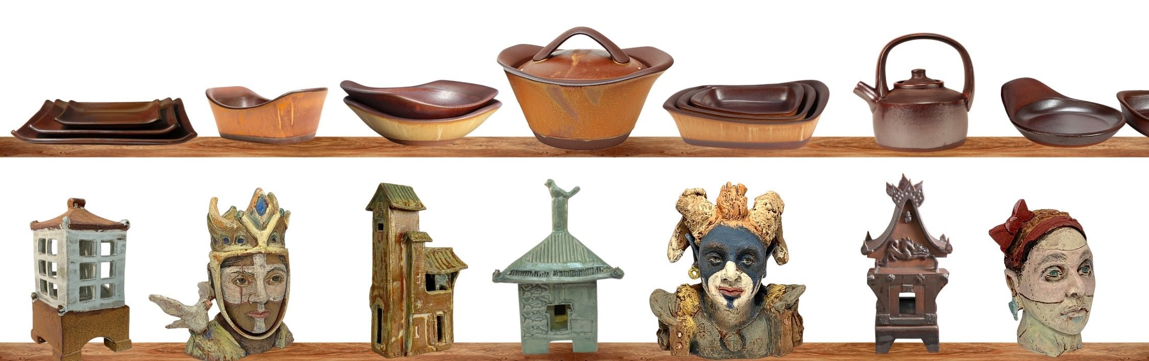 Collection of ceramic and wooden items including bowls, a teapot, and small buildings on a shelf.